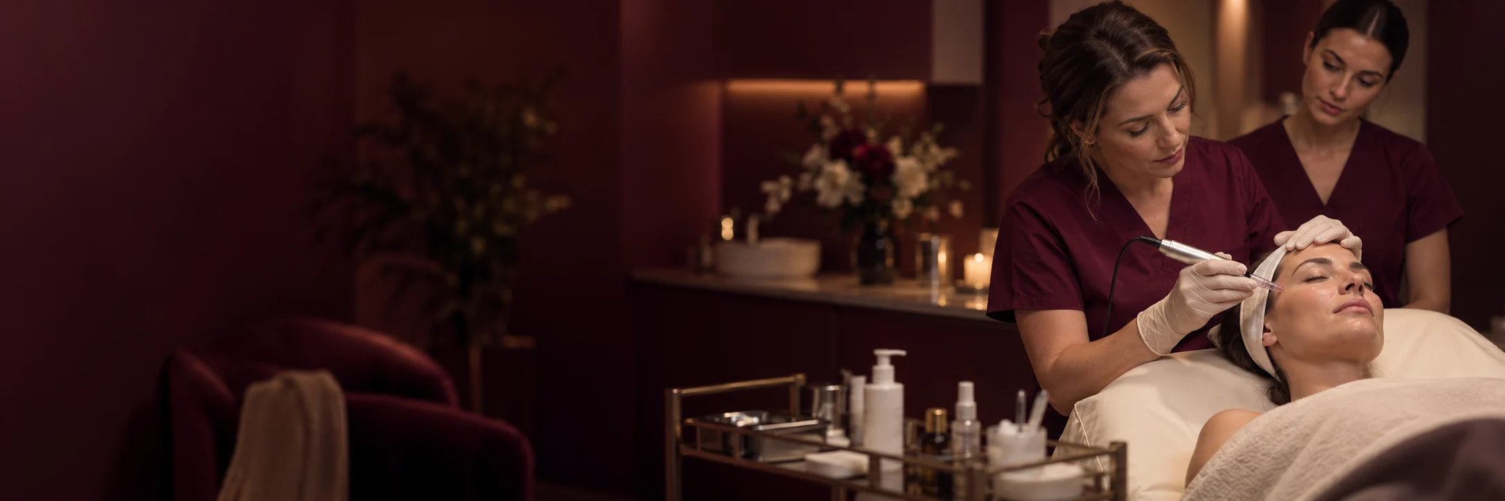 Aesthetic treatment demonstration with a practitioner, trainee and model
